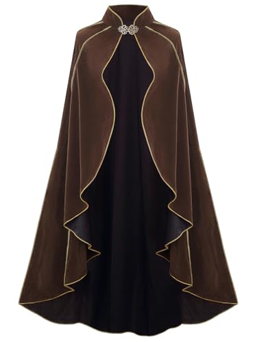 GRAJTCIN Mittelalterlicher Damen-Umhang mit Stehkragen, luxuriöser Samt, goldfarbener Rand, Umhang für Erwachsene, Braun, Length 51" GRAJTCIN Mittelalterlicher Damen-Umhang mit Stehkragen, luxuriöser Samt, goldfarbener Rand, Umhang für Erwachsene, Braun, Length 51" von GRAJTCIN