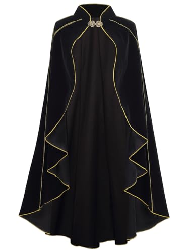 GRAJTCIN Mittelalterlicher Damen-Umhang mit Stehkragen, luxuriöser Samt, goldfarbener Rand, Umhang für Erwachsene, Schwarz, Length 51" GRAJTCIN Mittelalterlicher Damen-Umhang mit Stehkragen, luxuriöser Samt, goldfarbener Rand, Umhang für Erwachsene, Schwarz, Length 51" von GRAJTCIN