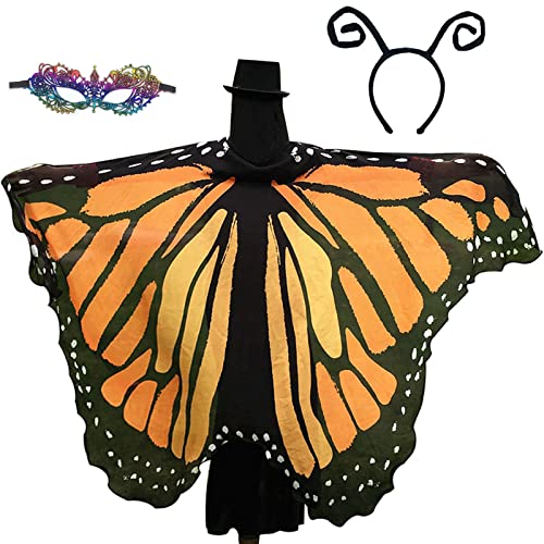 GRAJTCIN Monarch Schmetterlingsflügel-Umhang für Damen, Halloween-Feen-Schal, Rave-Kostüm, Antennenmaske, Erwachsene (Orange Monarch) von GRAJTCIN
