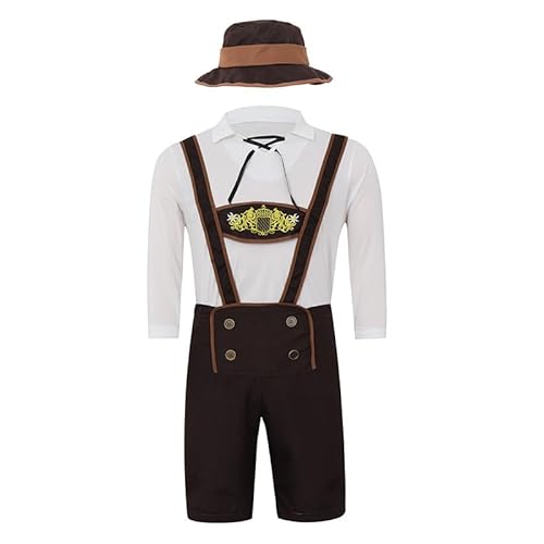 GRAJTCIN Oktoberfest Kostüme Bayerisches Deutsches Oktoberfest Outfit für Herren Weiße Hemden und Braune Strapshose Kostüm mit Hut XL von GRAJTCIN
