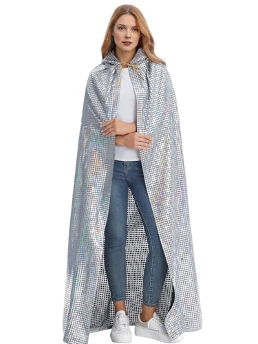 GRAJTCIN Paillettenumhang für Damen, glänzender Kapuzenumhang, Glitzer-Umhang, Halloween, Weihnachten, Disco, Konzert, Party, Kostüm (150 cm, kariert, silberfarben) von GRAJTCIN
