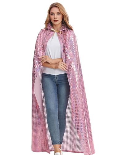 GRAJTCIN Paillettenumhang für Damen, glänzender Kapuzenumhang, Glitzer-Umhang, glitzernd, Halloween, Weihnachten, Disco-Party, Kostüm (150 cm, kariert, Rosa) von GRAJTCIN