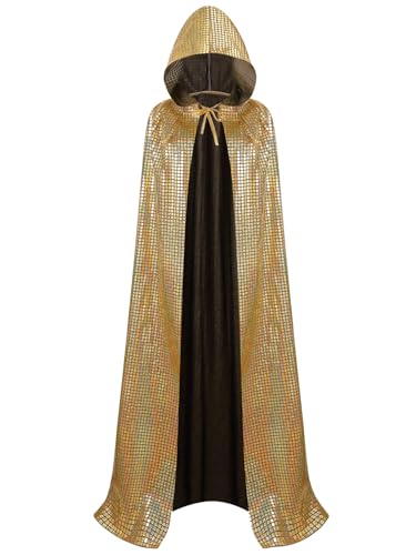 GRAJTCIN Paillettenumhang für Damen, glänzender Kapuzenumhang, volle Länge, Glitzer-Umhang, Halloween, Weihnachten, Disco-Party, Kostüm (140 cm, kariertes Gold) von GRAJTCIN
