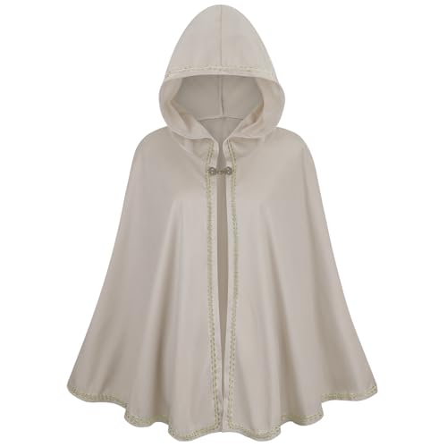 GRAJTCIN Renaissance Kapuzenumhang für Damen, mittelalterlicher Umhang mit Kapuze, viktorianisches Capelet, Halloween, Weihnachten, Party, Kostüm (65 cm, Elfenbein) von GRAJTCIN