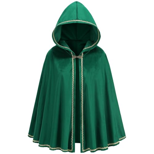 GRAJTCIN Renaissance Kapuzenumhang für Damen, mittelalterlicher Umhang mit Kapuze, viktorianisches Capelet, Halloween, Weihnachten, Party, Kostüm (65 cm, Waldgrün) von GRAJTCIN