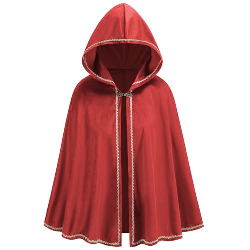 GRAJTCIN Renaissance Mittelalterlicher Kapuzenumhang für Erwachsene, Samt-Umhang, Halloween-Party, viktorianisches Capelet für Damen, Rot/Ausflug, einfarbig (Getaway Solids), 65CM / 25.6" von GRAJTCIN