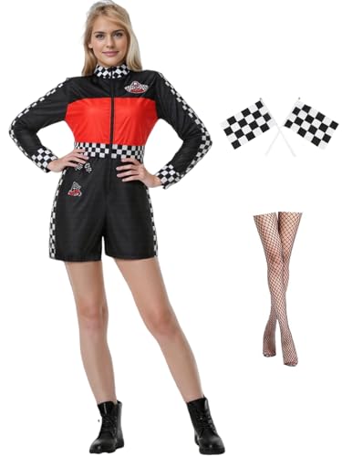 GRAJTCIN Rennfahrer-Kostüm für Damen, Rennfahrer-Kostüm, Rennfahrer-Kostüm, Rennfahrer-Kostüm, lange Ärmel, Racer-Pullover, Halloween, verkleiden sich Outfit (S, Schwarz) von GRAJTCIN