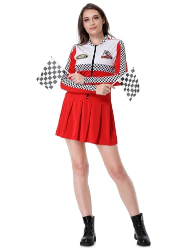 GRAJTCIN Rennfahrer-Kostüm für Erwachsene, Rennfahrer-Kostüm für Damen, Schachbrett, lange Ärmel, Rennfahrer-Kleid, Halloween-Verkleidung, Outfit (Größe M, Rot) von GRAJTCIN