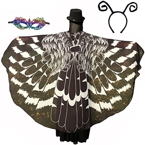 GRAJTCIN Schmetterlingsflügel-Schal für Damen, Halloween-Feen-Vogel-Kostüm, Umhang, Party mit Antennen, Stirnband, Maske für Erwachsene (schwarz) von GRAJTCIN