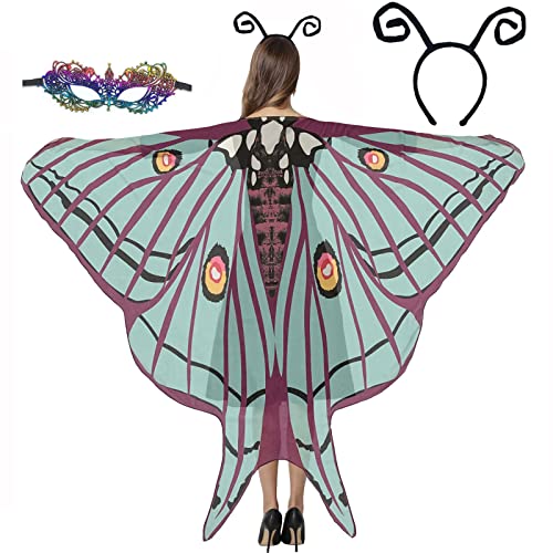 GRAJTCIN Schmetterlingsflügel-Umhang für Damen, Halloween-Feen-Pixie, Luna-Motten-Kostüm, Rave-Antennen-Maske (Luna Mottengrün) von GRAJTCIN