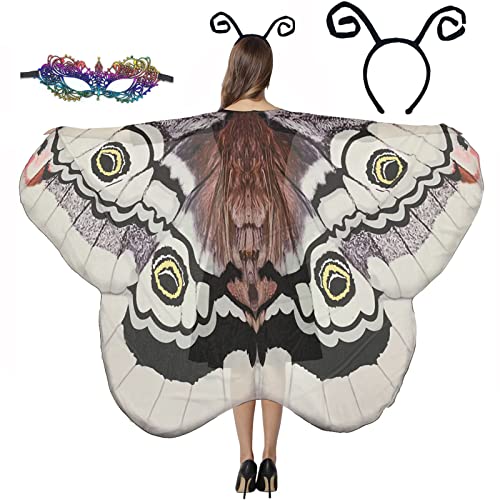 GRAJTCIN Schmetterlingsflügel-Umhang für Damen, Halloween-Feen-Pixie-Motten-Kostüm, Antennen, Stirnband, Maske (Grauer Kaiser Motte) von GRAJTCIN