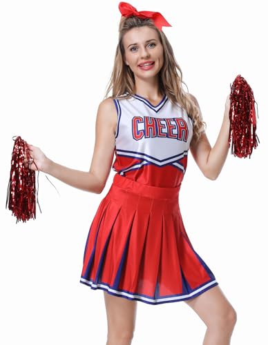 GRAJTCIN Skinny Cheerleader Kostüm für Damen & Jugendliche Musikuniform Halloween Party Fancy Outfit, Rot/Ausflug, einfarbig (Getaway Solids), L von GRAJTCIN