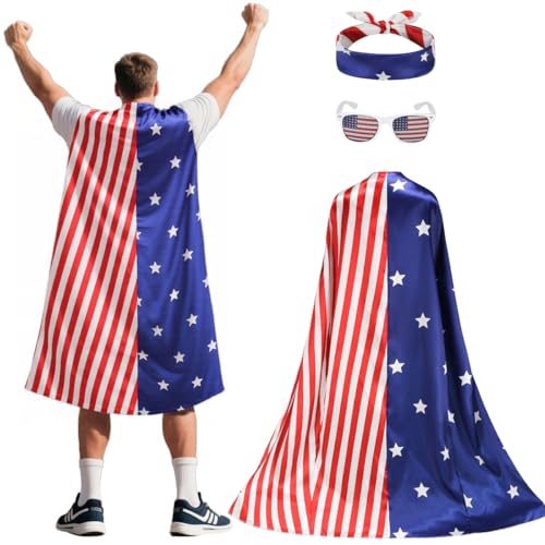 GRAJTCIN Umhang mit amerikanischer Flagge, für Erwachsene, Retro, 80er Jahre, patriotisches Kostüm mit Bandanas für den 4. Juli Unabhängigkeitstag, USA-Flagge, 3 Stück, 140cm / 55 inch GRAJTCIN Umhang mit amerikanischer Flagge, für Erwachsene, Retro, 80er Jahre, patriotisches Kostüm mit Bandanas für den 4. Juli Unabhängigkeitstag, USA-Flagge, 3 Stück, 140cm / 55 inch von GRAJTCIN