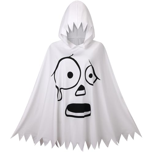 GRAJTCIN Weißes Geisterkostüm mit Kapuzenponcho Gruseliger Umhang für Halloween-Party, lustiges Outfit, Umhang (Angst, Geistergesicht, 75 cm) von GRAJTCIN
