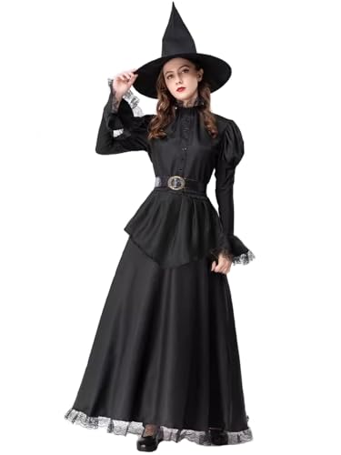 GRAJTCIN Wicked Witch Costume for Halloween Deluxe Witch Corset Dress with Black Hat (L, Black Lace) von GRAJTCIN