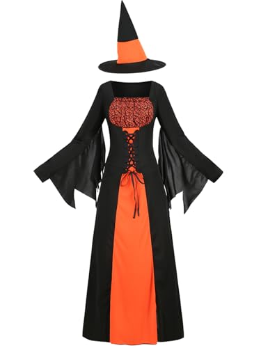 GRAJTCIN Wicked Witch Costume for Women Gothic Sorceress Halloween Party Cosplay Dress with Hat (3XL, Black Orange) von GRAJTCIN