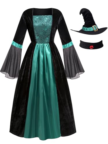 GRAJTCIN Wicked Witch Costume for Women Gothic Vampire Halloween Party Cosplay Outfit with Hat (2XL, Green Spider Web) von GRAJTCIN
