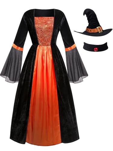 GRAJTCIN Wicked Witch Costume for Women Gothic Vampire Halloween Party Cosplay Outfit with Hat (2XL, Orange Spider Web) von GRAJTCIN