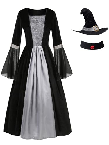 GRAJTCIN Wicked Witch Costume for Women Gothic Vampire Halloween Party Cosplay Outfit with Hat (L, Grey Spider Web) von GRAJTCIN