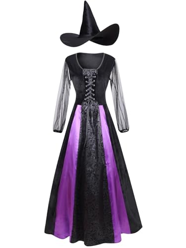 GRAJTCIN Wicked Witch Costume for Women Gothic Vampire Halloween Party Cosplay Outfit with Hat (M, Purple Lace) von GRAJTCIN
