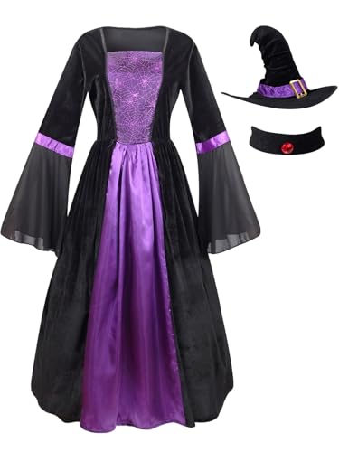 GRAJTCIN Wicked Witch Costume for Women Gothic Vampire Halloween Party Cosplay Outfit with Hat (S, Purple Spider Web) von GRAJTCIN