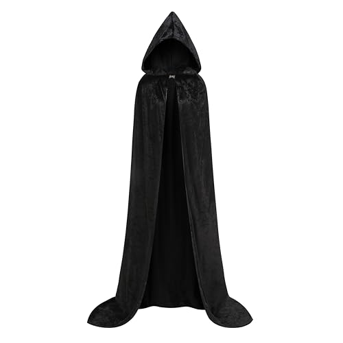 GRAJTCIN Zauberer-Bademantel für Erwachsene, Samt, mit Metallverschlüssen und Kapuze, für Damen und Herren, Zauberer-Umhang, Kostüm, Halloween, Umhang (Schwarz, 150 cm) von GRAJTCIN