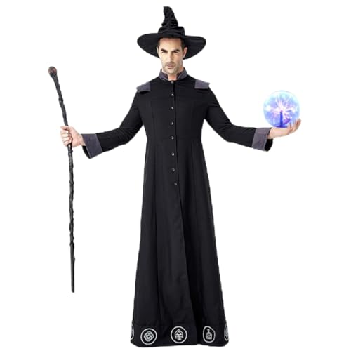 GRAJTCIN Zauberer-Kostüm für Herren, mittelalterlicher dunkler Zauberer-Umhang für Erwachsene, Halloween, Party, Cosplay, Outfit (M, Schwarz) von GRAJTCIN
