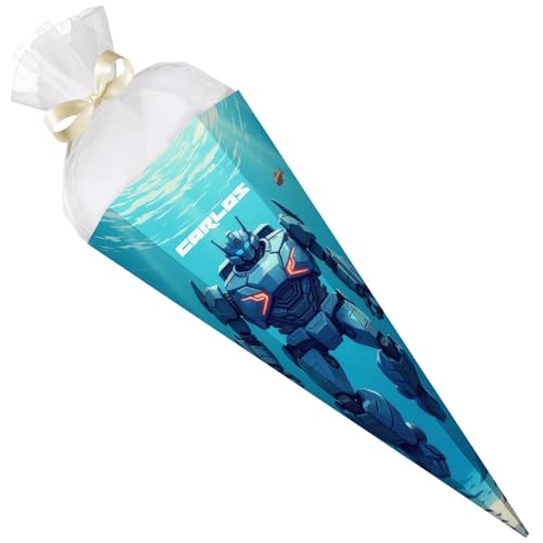 GRAVURZEILE - Bedruckte Schultüte - Roboter - Personalisiert mit Namen - Geschenk zur Einschulung - Sechseckige Zuckertüte für Jungen & Mädchen - 61 cm mit Tüll-Verschluss - Farbe: Blau GRAVURZEILE - Bedruckte Schultüte - Roboter - Personalisiert mit Namen - Geschenk zur Einschulung - Sechseckige Zuckertüte für Jungen & Mädchen - 61 cm mit Tüll-Verschluss - Farbe: Blau von GRAVURZEILE