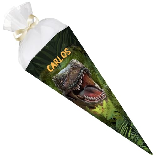 GRAVURZEILE - Bedruckte Schultüte - T-Rex - Personalisiert mit Namen - Geschenk zur Einschulung - Sechseckige Zuckertüte für Jungen & Mädchen - 61 cm mit Tüll-Verschluss - Farbe: T-Rex von GRAVURZEILE
