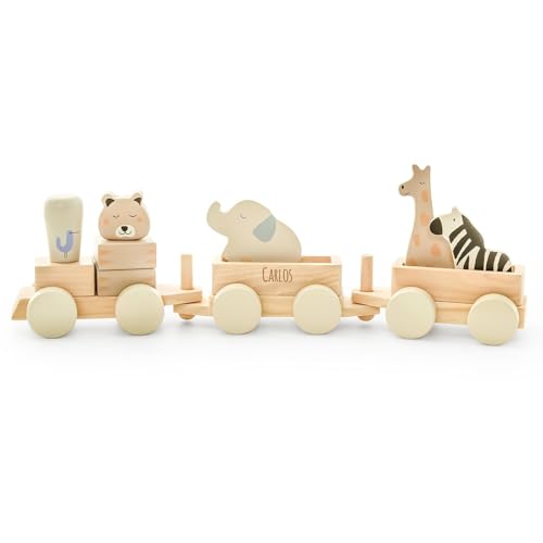 GRAVURZEILE Gravierte Holzeisenbahn - Jungle Jambo - Personalisiert mit Name - Kinder Spielzeug Eisenbahn aus Holz - Lokomotive mit 2 Waggons und 5 Tieren - Geschenk für Jungen & Mädchen zur Geburt von GRAVURZEILE
