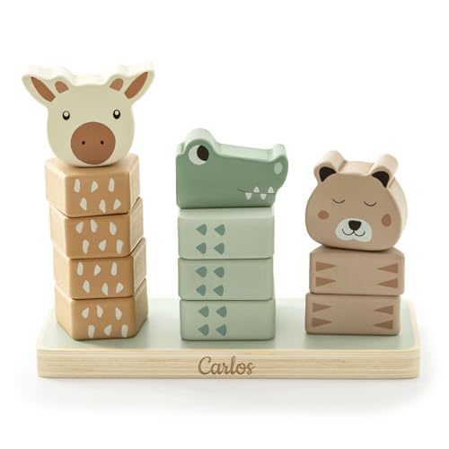 GRAVURZEILE Gravierter Stapelturm Dschungeltier - Jungle Jambo - Personalisiert mit Name - Kinder Spielzeug aus Holz - Aufsteller mit 3 Stapeltürmen aus Holz - Geschenk für Jungen & Mädchen von GRAVURZEILE