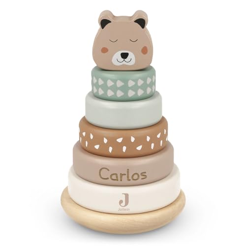 GRAVURZEILE Gravierter Stapelturm - Jungle Jambo - Personalisiert mit Name - Stapelringe Kinder Spielzeug aus Holz - Tierkopf mit Wackelturm und 5 Ringen aus Holz - Geschenk für Jungen & Mädchen von GRAVURZEILE
