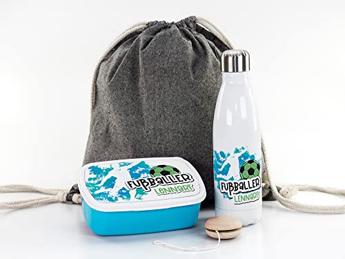 GRAZDesign Brotdose und Trinkflasche Set für Jungen mit Namen | Fußball Spieler | personalisierte Lunchbox mit Trennwand | Wasserflasche aus Edelstahl 500ml | Geschenk Set zur Einschulung von GRAZDesign