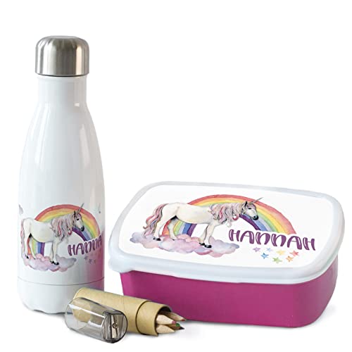 GRAZDesign Einhorn Brotdose und Trinkflasche Set für Mädchen mit Namen | personalisierte Brotdose mit Trennwand | Trinkflasche aus Edelstahl 350ml | Geschenk zur Einschulung von GRAZDesign