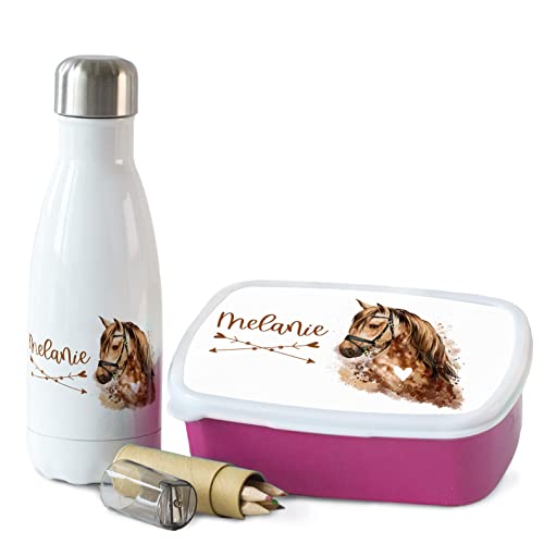 GRAZDesign Pferde Brotdose und Trinkflasche Set für Mädchen mit Namen | personalisiert Geschenk zur Einschulung von GRAZDesign