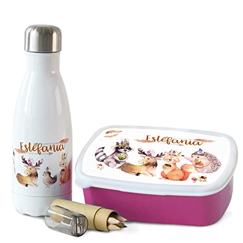 GRAZDesign Brotdose und Trinkflasche Set für Mädchen mit Namen und Waldtiere | personalisierte Brotdose mit Trennwand Trinkflasche aus Edelstahl 350ml | Geschenk zur Einschulung von GRAZDesign