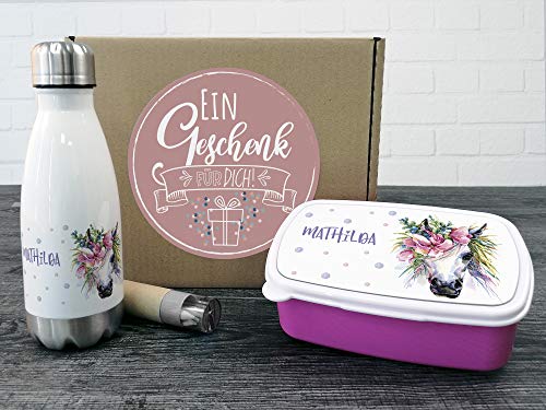 GRAZDesign Brotdose und Trinkflasche Set für Mädchen Einhorn | personalisiert mit Namen Wasserflasche Edelstahl 350ml | Geschenk zur Einschulung von GRAZDesign