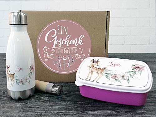 GRAZDesign Brotdose und Trinkflasche Set für Mädchen Rehkitz personalisiert Wasserflasche Edelstahl 350ml | Geschenk zur Einschulung von GRAZDesign