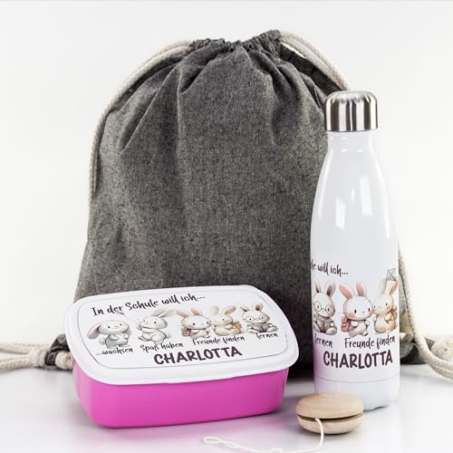 GRAZDesign Trinkflasche mit Brotdose Set mit Namen personalisiert Schule Hasen für Mädchen von GRAZDesign