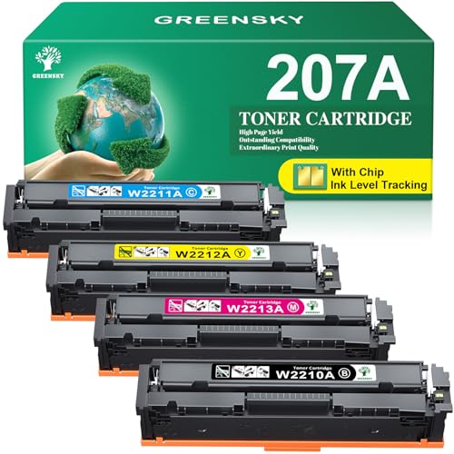 GREENSKY 207A mit Chip Kompatibel für HP 207A 207X für HP Color Laserjet Pro MFP M283fdw Toner Schwarz M283fdn M283cdw M282nw Color Laserjet Pro M255dw M255nw W2210A W2211A W2212A W2213A (4-Pack) von GREENSKY