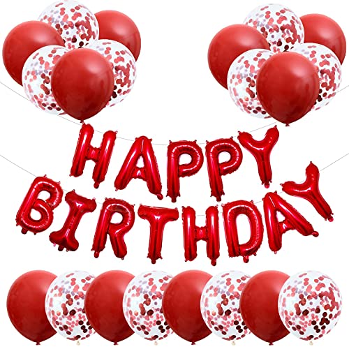Rot Geburtstagsdeko, Happy Birthday & rot Luftballons 20PCS, Konfetti Luftballon und 16 Zoll Folienballons Banner Party Dekoration für Jungen, Mädchen, Frauen Männer Geburtstagsparty von GREMAG