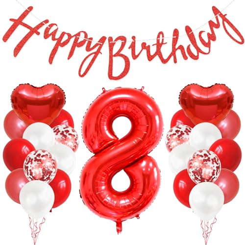 GRESAHOM 8. Geburtstag Deko, 8 Geburtstag Mädchen Geschenk, Rot Weiß Ballons Party Deko, Zahl 8 Luftballons, Rot Herz Folienballon und Happy Birthday Girlande, für Mädchen 8 Jahre Geburtstagsdeko von GRESAHOM