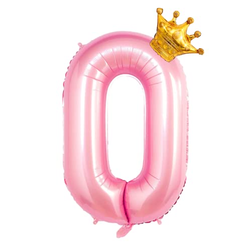 GRESAHOM Luftballons Tiffany Rosa 0 100cm Riesen Nummer Geburtstagsdeko folienballons XXL Happy Birthday Digital Ballon 0 mit Gold Kronenballon für Mädchen, Frauen Geburtstagsfeier Dekorations von GRESAHOM