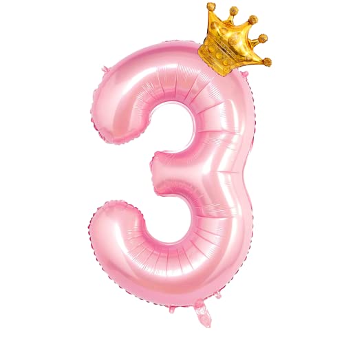 GRESAHOM Luftballons Tiffany Rosa 3 100cm Riesen Nummer Geburtstagsdeko folienballons XXL Happy Birthday Digital Ballon 3 mit Gold Kronenballon für Mädchen, Frauen Geburtstagsfeier Dekorations von GRESAHOM
