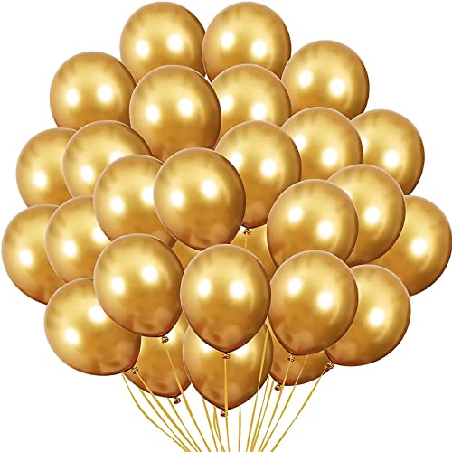 GRESAHOM Metallisches Gold Luftballons Set, 70 Stück 12 Zoll Metall Gold Latex Ballons, Metallic Gold Luftballon mit Bändern für Geburtstag Hochzeit Valentinstag Babyparty Graduierung Partydeko von GRESAHOM