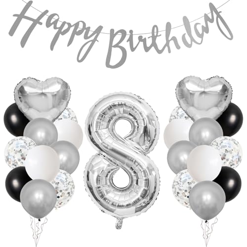 GRESAHOM 8. Geburtstag Deko, 8 Geburtstag Junge Deko Geschenk, Schwarz Silber und Weiß Ballons Party Deko, Zahl 8 Luftballons, Silber Herz Folienballon, für Junge 8 Jahre Geburtstagsdeko von GRESAHOM