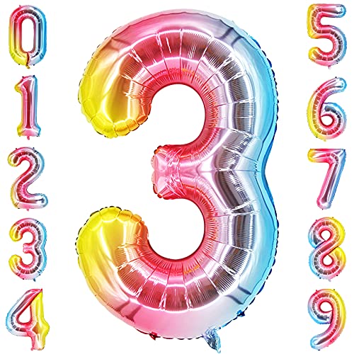 GRESAHOM Luftballons 3 100cm Riesen Nummer Geburtstagsdeko folienballons XXL Happy Birthday Digital 3 Gradient Regenbogen Ballons für Geburtstagsfeier Dekoration für Jungen, Mädchen, Men, Frauen von GRESAHOM