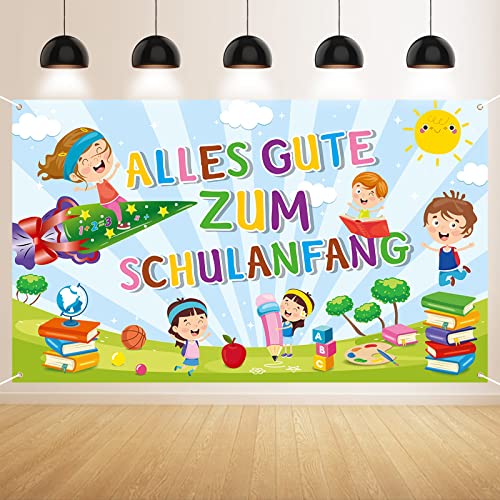 GRESATEK Schulanfang Banner Deko, Blau Weiß Alles Gute Zum Schulanfang Hintergrund Banner und Endlich Schulkind Extra Großes Einschulung Banner Photo Booth Dekoration für Drinnen und Draußen von GRESATEK