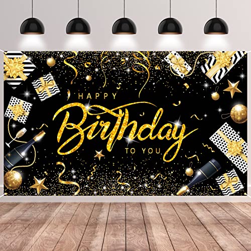 GRESATEK Schwarzes Gold Happy Birthday Banner, Geburtstag Party Deko, Extra Großes Poster Drinnen und Draußen, Geburtstagsdeko Hintergrund von GRESATEK