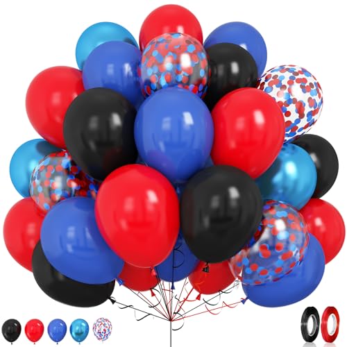 Luftballon Blau Rot Schwarz, 50 Pcs 12 Zoll Rot Schwarz Metallic Blau Party Luftballons mit Konfetti Luftballons für Jungen Kinder Spinnen Superhelden Thema Geburtstag Babyparty Abschlussfeier Dekor von GRESATEK